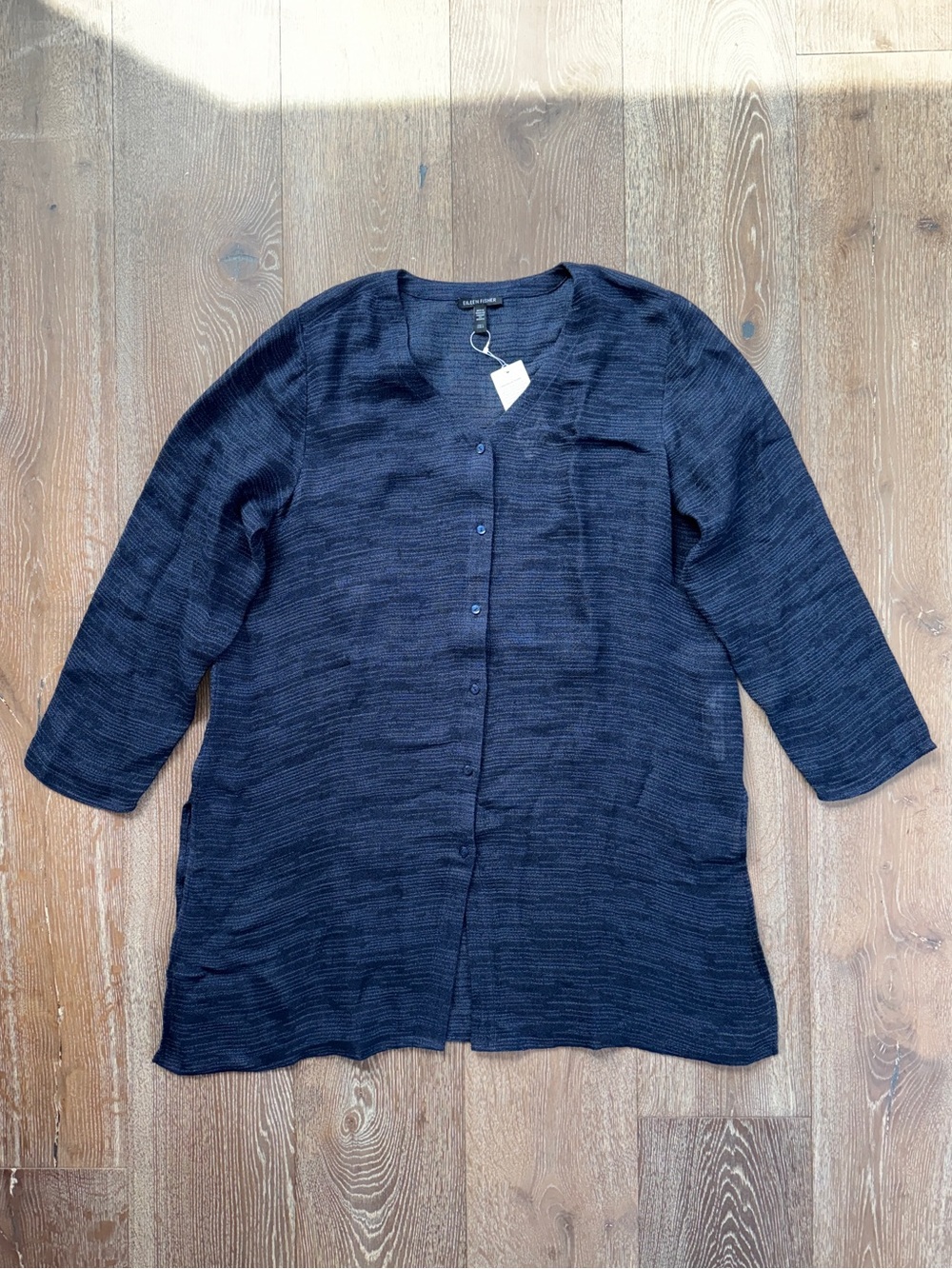 EILEEN FISHER Linen Gauze Strata V-Neck Long Top in Ink - Picture 8 of 10